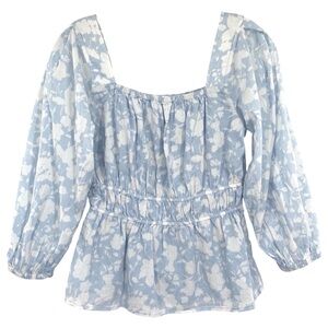 Free Assembly Women's Peasant Square Neck Top Flutter Sleeves Blue White Floral